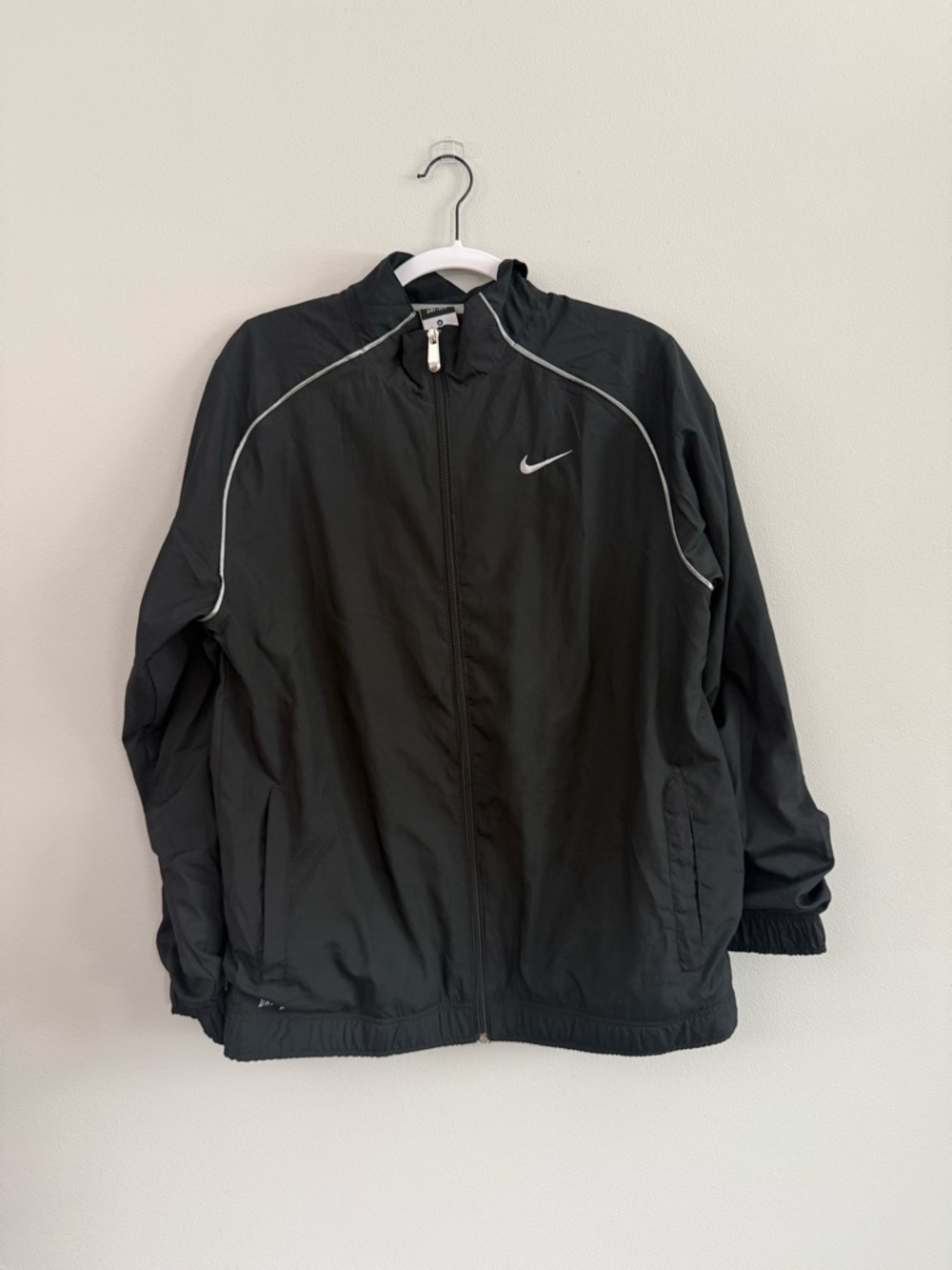 Nike Black Windbreaker Jacket with White Swoosh and Piping